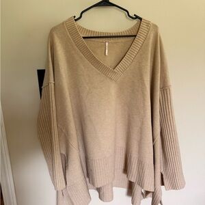 Free People Tan V-Neck Sweater with Ribbed Detailing
